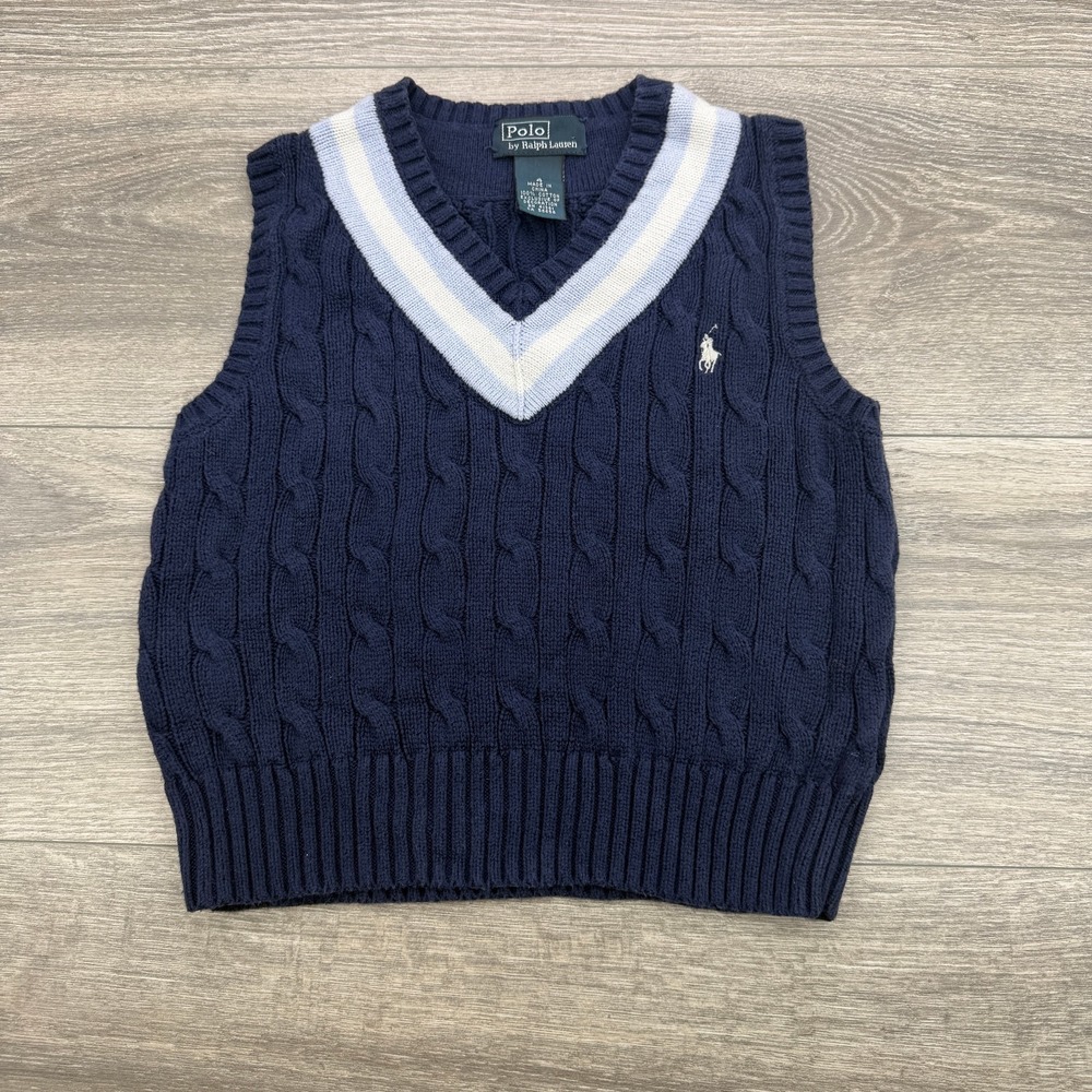 Polo Ralph Lauren Cricket Sweater Vest Boys 4 Blue V Neck Cable Knit Pony Preppy